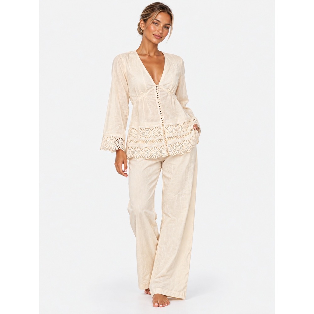 Reformation Nadia Two Piece Set Cream Eyelet Lace Boho Top Pants 4 S NWT New